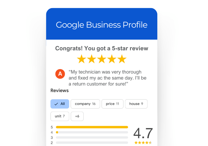 Screenshot of a google business profile with a new review