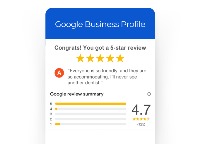 Screenshot of a google business profile with a new review for a dental office