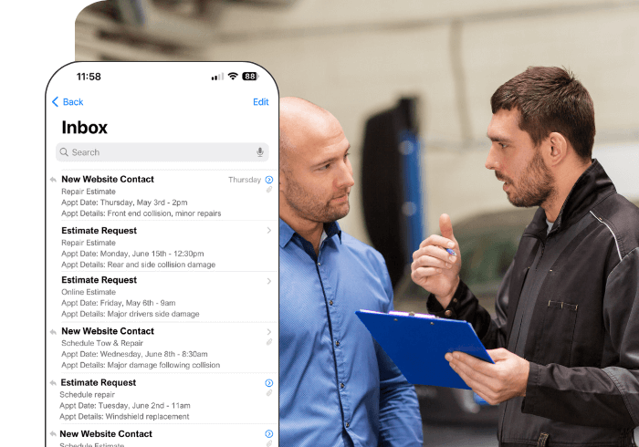 A man with a clipboard talking to a client showing new appointment emails in the forefront of the image