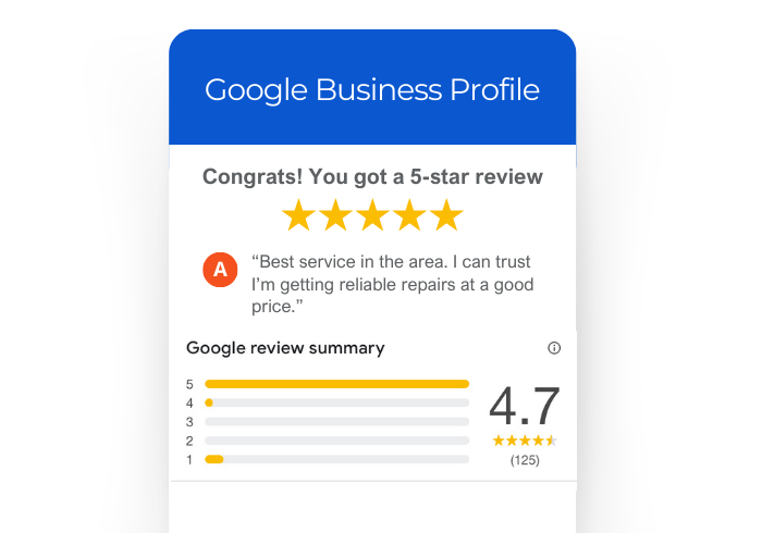 Screenshot of a google business profile with a new review for a repair shop, a VentraLocal client.