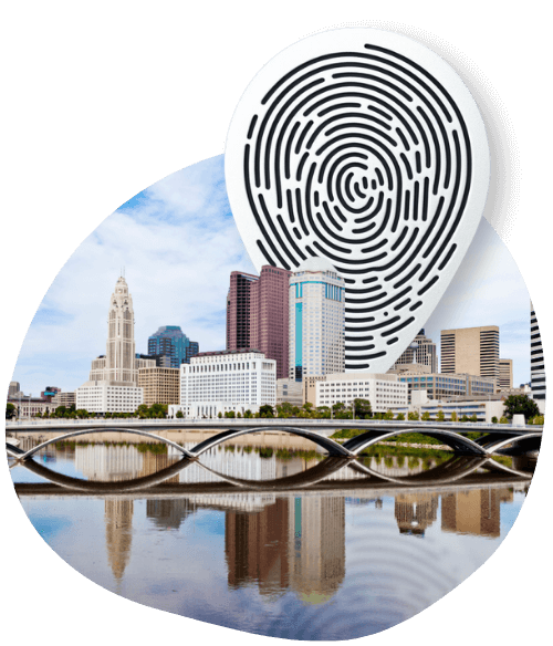 The city of columbus with a location pin hovering above the city